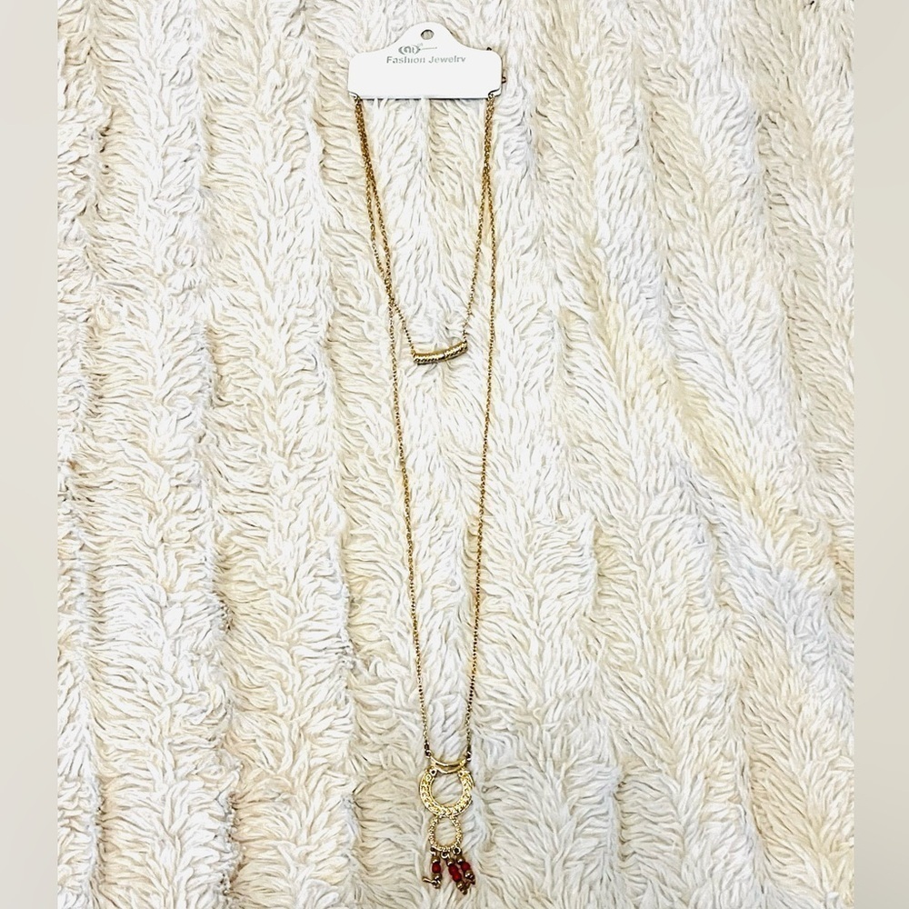 2/$15 - Boho Double Hoop Drop Necklace | Gold & Red Statement Necklace | NWT - Picture 3 of 3